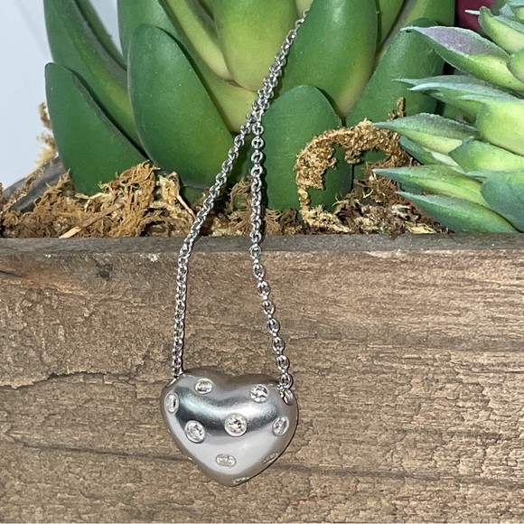 Solid Stamped 14K White Gold Natural Diamond Chunky Heart Pendant Necklace - Picture 5 of 16